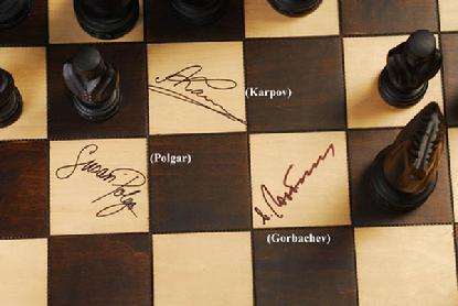 chessboard signed by Mikhail Gorbachev and Anatoly Karpov and Susan Polgar