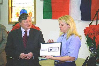 Anatoly Karpov receives special postal cancellation honoring his visit to Lindsborg, Kansas